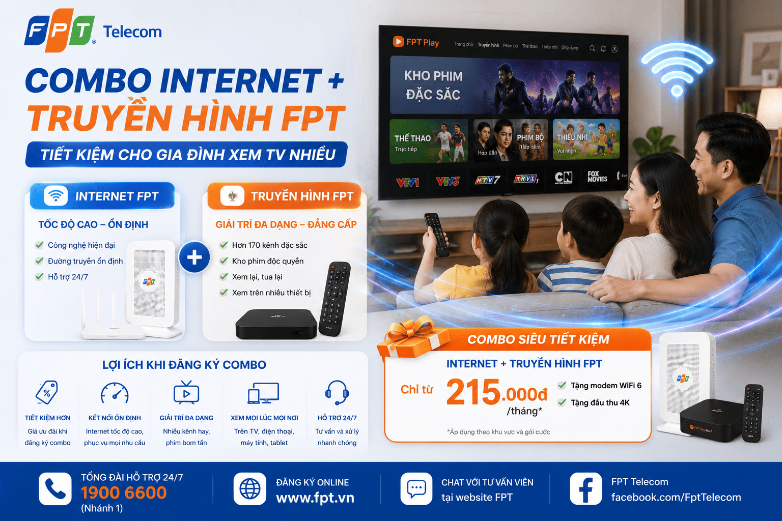 Combo Internet + Truyền hình FPT: tiết kiệm cho gia đình xem TV nhiều